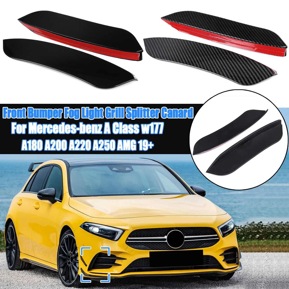 

Pair Front Vogue Bumper Lip Splitter Canard Trim For Mercedes-benz A Class W177 A180 A200 A220 A250 for AMG 2019 2020 2021 2022+