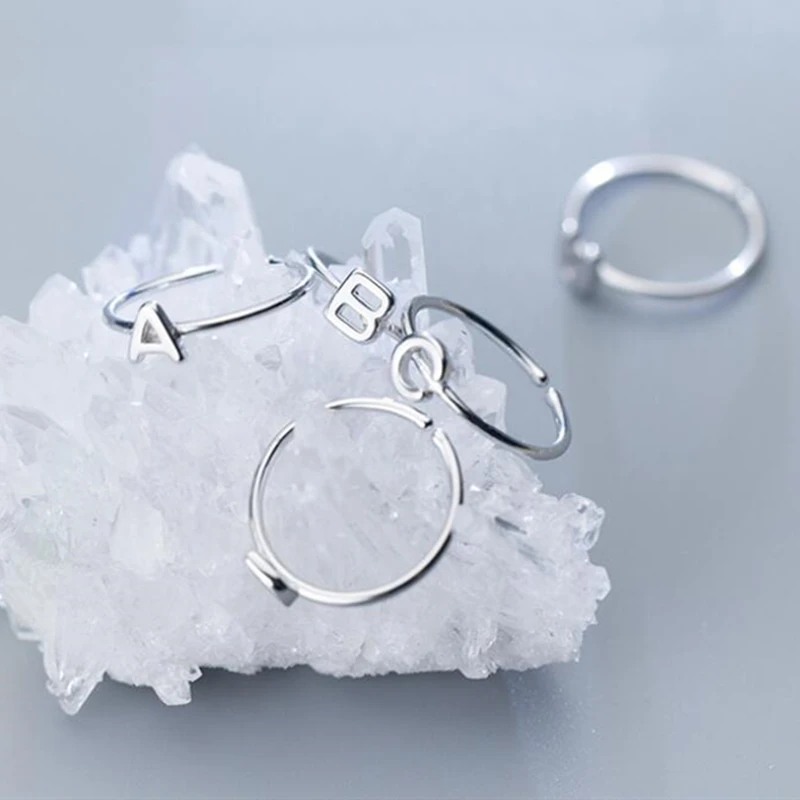 

100% 925 Solid Real Sterling Silver Jewelry 26 Letters A-Z Cocktail Opening Ring For Girl Women Fine Silver Jewelry