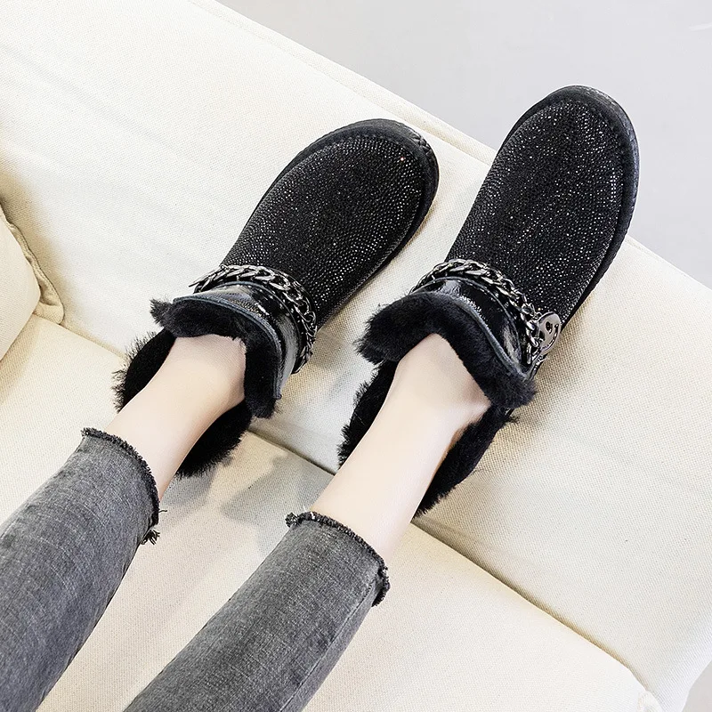 Snow Boots Women's Fur One 2020 New Fashion Rhinestone Winter Plus Velvet Thick Bottom Non Slip Waterproof Bread Cotton Shoes