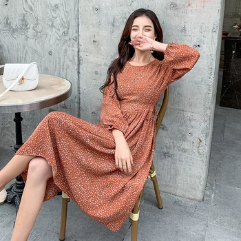 

Women Chiffon Dress 2020 Spring Summer Vintage Floral Printed Long Sleeve Lace Up Casual Dresses Fashion Female Boho Vestidos