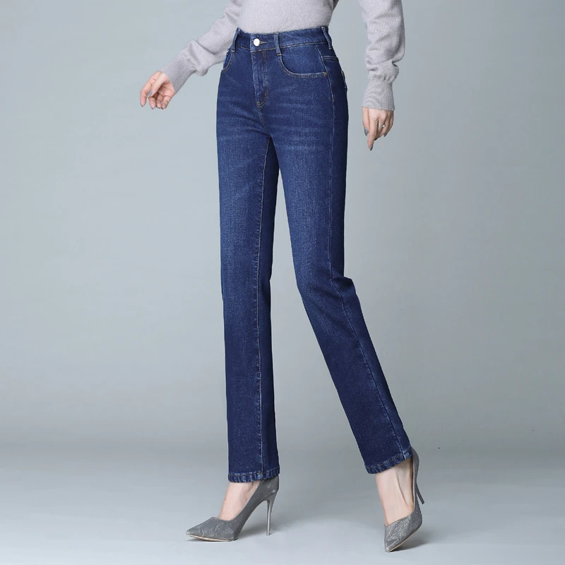 Осенние и зимние новые свободные прямые джинсы с высокой талией женские плюс бархатные утепленные модные тонкие Стрейчевые джинсовые брюки для женщин - Цвет: velvet dark blue