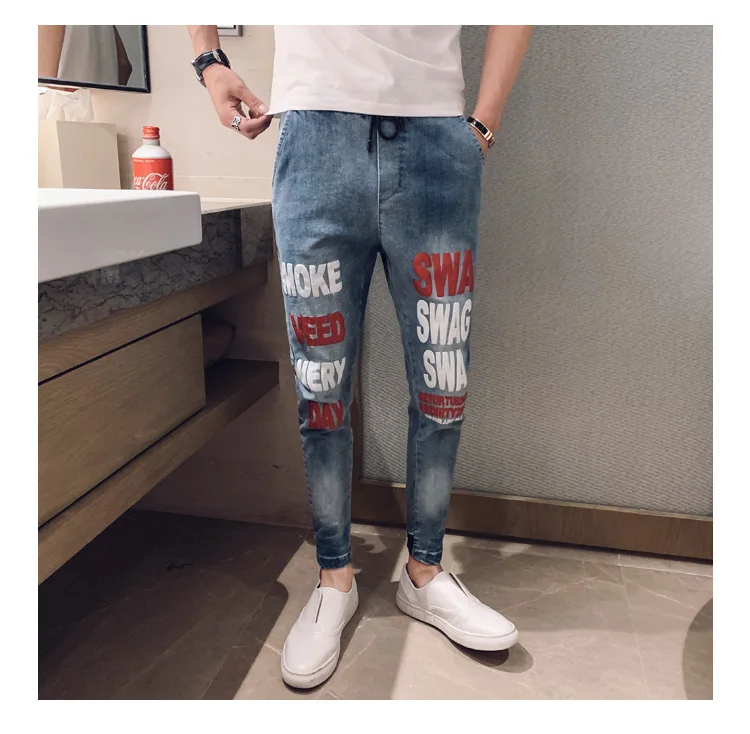 New Arrival Hot Sale Brand autumn men's casual high quality printed trouser male slim korea style fit nine-tenth pants jean