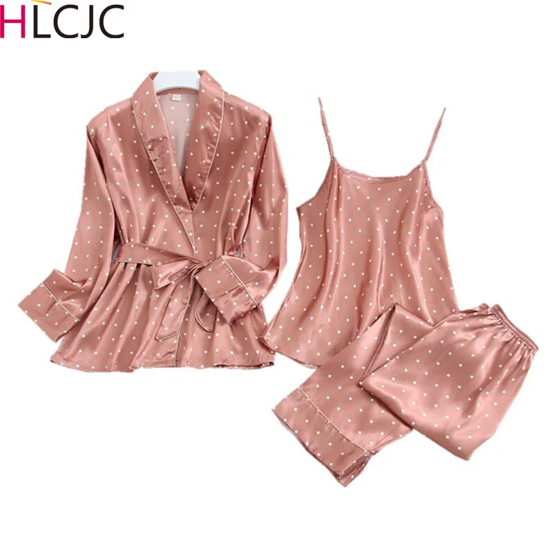 

Spring Women 3 Pieces Silk Pajamas Sets with Pants Polka Dot Spaghetti Strap Pyjama Satin Elegant Sexy Homewear Pijama mujer