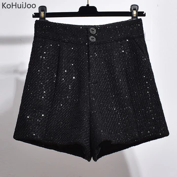 

Ladies Tweed Shorts Autumn Winter High Waist Black Fashion Elegant Wide Leg Shorts Women High Street Woolen Shorts Big Size 4XL