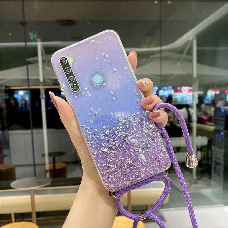רצועת כבל שרשרת מקרה עבור Xiaomi Redmi הערה 10 9 9S 8T 8 7 6 5 פרו 7A 8A 9A 9C Mi 10 T Poco X3 NFC F3 M3 שרוך גליטר כיסוי