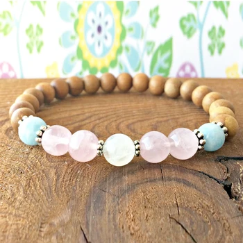 

Wholesale A Grade Aquamarin-e Bracelet for Women 8 mm Natural Rose Quaz Moonstone Sandalwood Bracelet Open Heart Chakra Jewelry