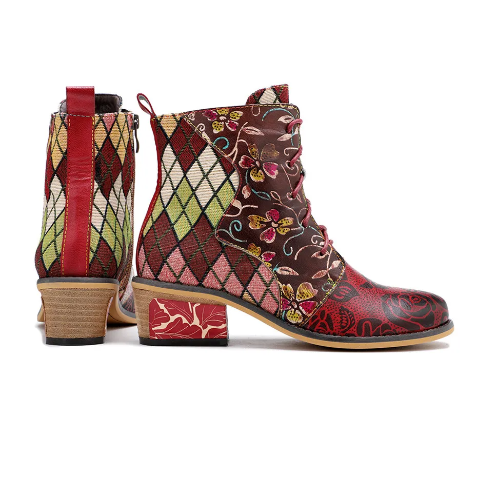 Women Boots Fashion Lace Up Ankle Boots Shoes For Woman Vintage Color Block Female Lady Thick High Heels Western Boots Handmade  (10)