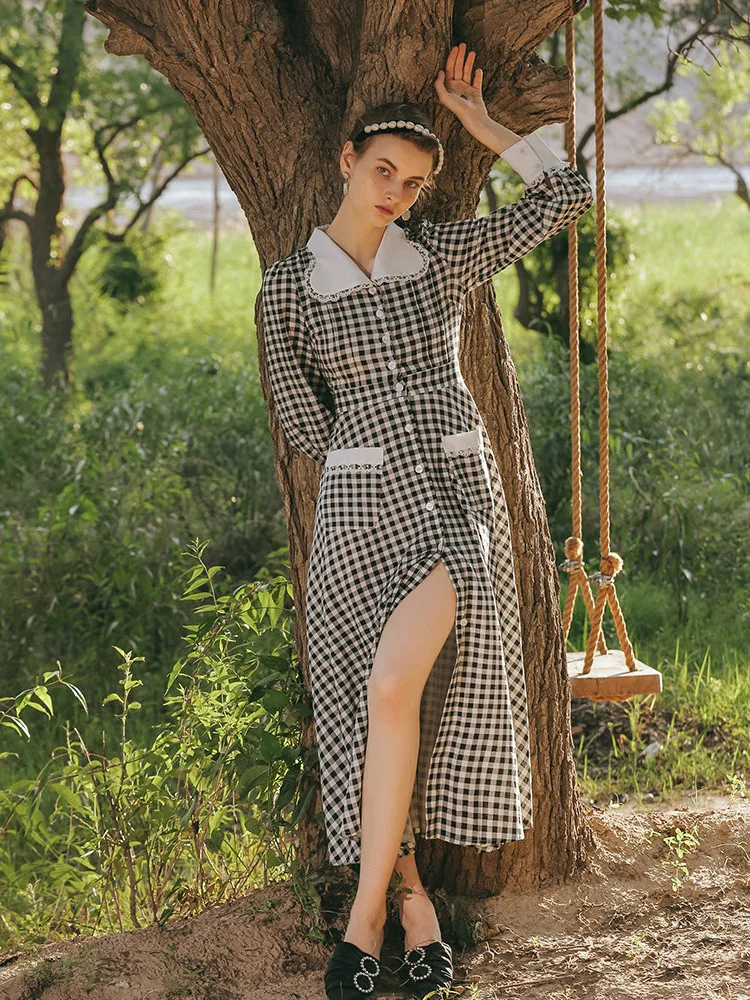 

Original Design AIGYPTOS Spring Women Dresses Vintage Elegant SLim Dresses Lace Patchwork Plaid Cotton Linen Causal Long Dress