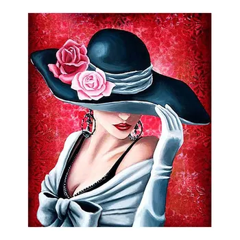 

Woman With Hat Diamond Painting Oil Portrait Round Full Drill Nouveaute DIY Mosaic Embroidery 5D Cross Stitch Home Decor Gifts