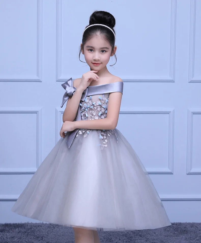 Boat Neck Off The Shoulder Puffy Dresses For Flower Girls New Ball Gown Knee-length Toddler Pageant With Bow
