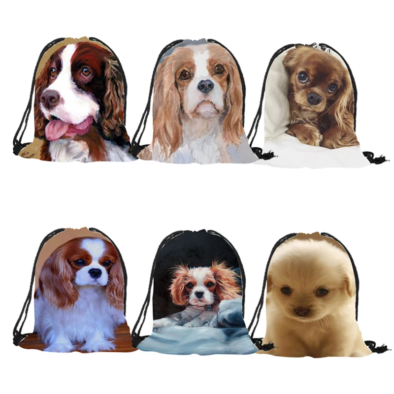 

School Boys Girls Backpacks Unisex 3D Charles Spaniel Prints Shoulder Bags Shopping Travel Softback Bag Mochila Drawstring Bag