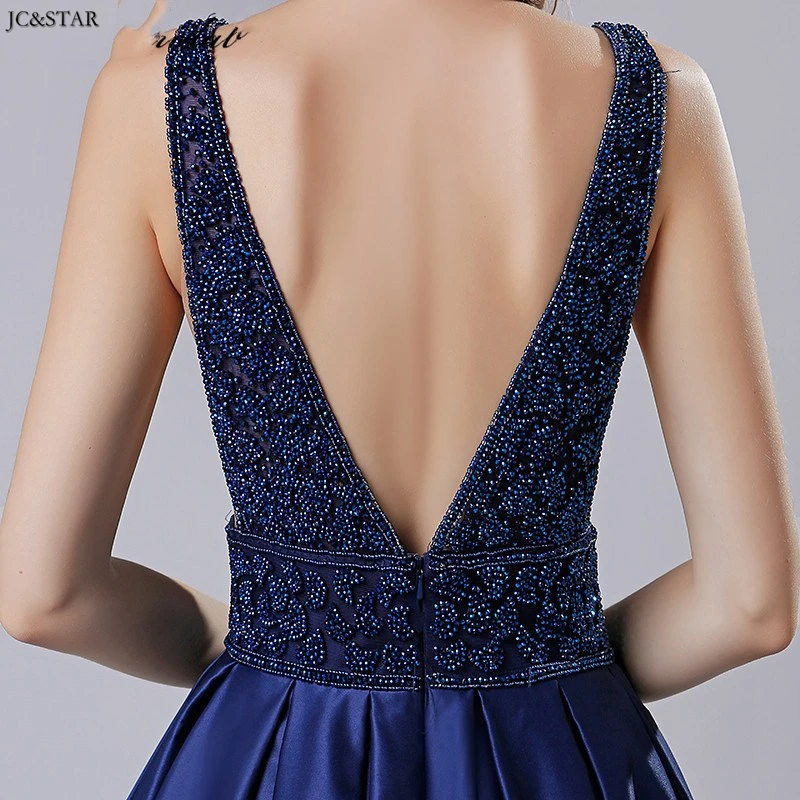 Vestido madrinha, новинка, атласное, расшитое бисером, сексуальное, v-образный вырез, ТРАПЕЦИЕВИДНОЕ, королевское, синее, платье подружки невесты со шлейфом, свадебное платье для гостей