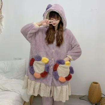 

2020 New Pajama Woman Winter Japanese and Korean Style Pajamas Women Plush Loose Sweet Casual Lazy Home Service Two-piece Suit