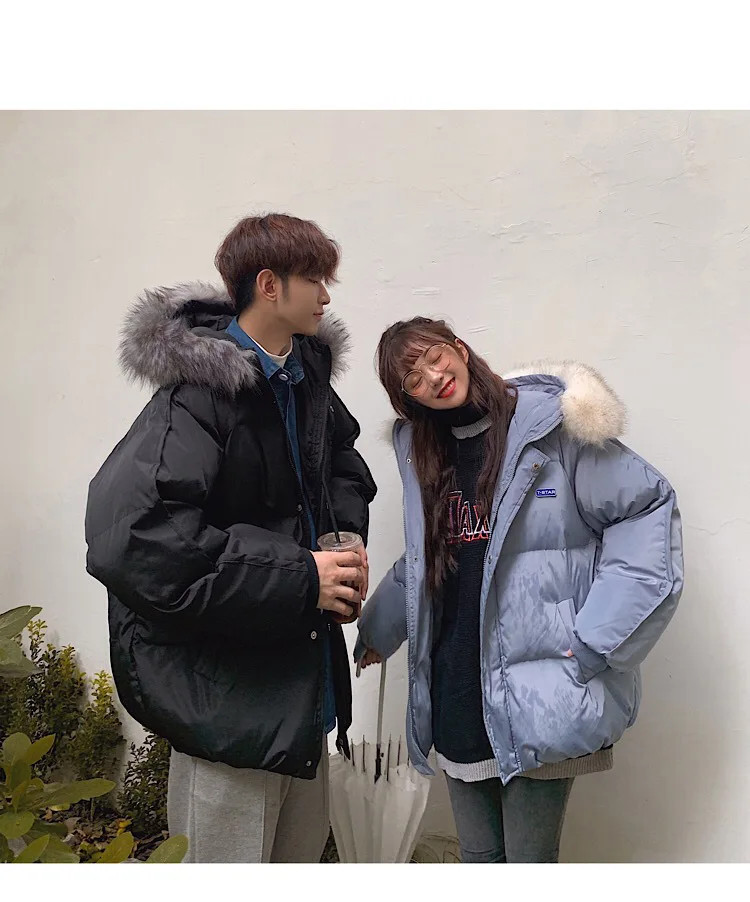 Couple Clothes Winter New Style Cotton-padded Clothes Winter down Coat Hooded Large Fur Collar Coat Men's INS Super Fire Trend C