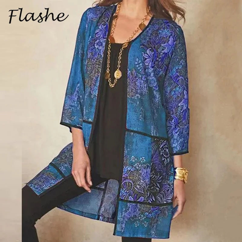 

Женский кардиган с длинным рукавом, элегантный кардиган с цветочным принтом, верхняя одежда с открытой передней частью, весна-осень 2021