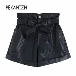 2019 винтажные черные байкерские шорты из искусственной кожи женские сексуальные шорты с бантом и карманами шорты с высокой талией штаны для