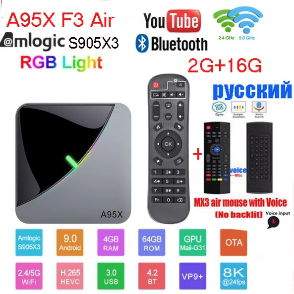 Android 9,0 RGB светильник Smart tv Box Amlogic S905X3 USB3.0 1080P H.265 4K 60fps Wifi Google Play Netflix Youtube A95X F3 Air 8K - Цвет: 2G 16G MX3 VOICE