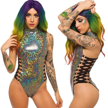 

Hirigin Women fashion shinning Evening Party Club Clubwear Sleeveless Lace up Leotard hollow out Bandage Bodysuit Sexy body