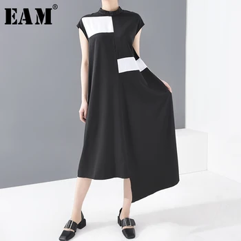 

[EAM] Women Black Irregular Split Long Dress New Stand Collar Sleeveless Loose Fit Fashion Tide Spring Summer 2020 1T36001