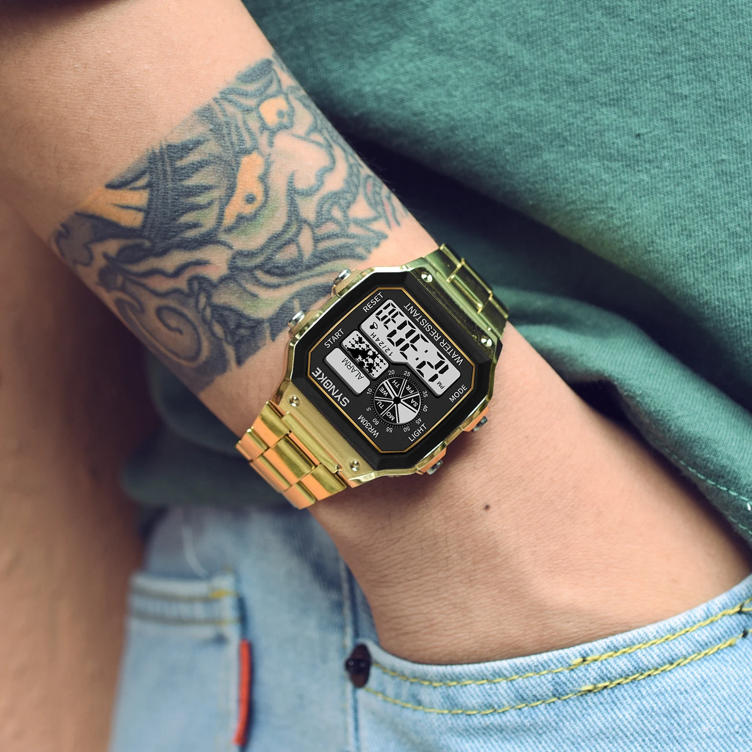 SYNOKE золотые мужские цифровые часы студенческие красочные светящиеся светодиодные наручные часы из нержавеющей стали многофункциональные модные золотые серебряные часы