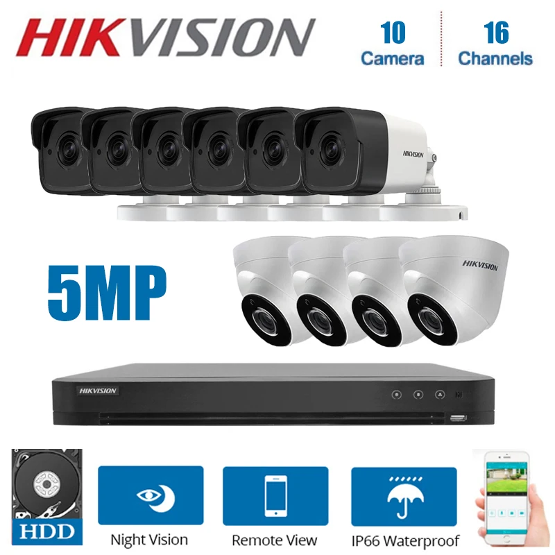 Hikvision английский 16 канальный DVR видеонаблюдение с 10 шт гибридной 5MP 4 в 1 камеры