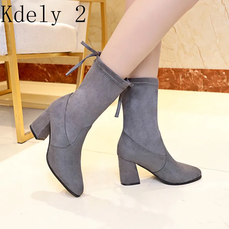 

2019 New Flock Ankle Boots Women For Autumn Winter Fashion Pointed Toe Heel Zipper Woman Chelsea Boots Plus Size 34-40