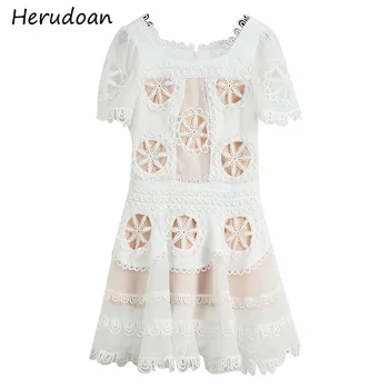 

Herudoan Fashion Runway Boho Princess White Hollow Out Dress Short sleeve Square Collar Embroidery Summer Female Mini Deess