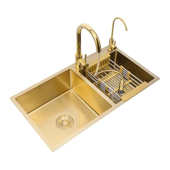 

Above Counter Manual Gold Sink 304Stainless Steel Single Bowl Kitchen Sink Single Bowl Kitchen Sink Gold Drain 80x45cm