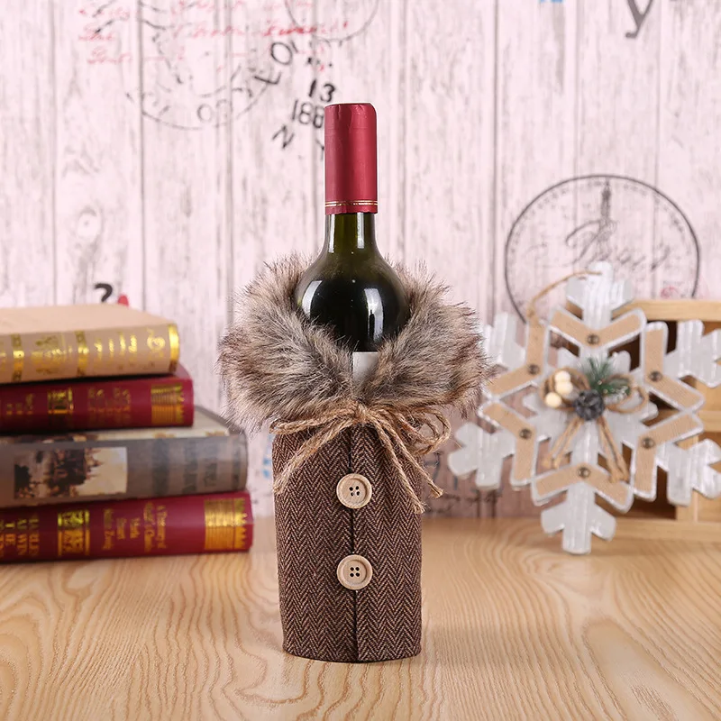 

2pcs Lovely Cute Merry Christmas Santa Wine Bottle Bag Cover Xmas Bowknot Plaid Linen Clothes Bottle Ornament Dinner Table Decor