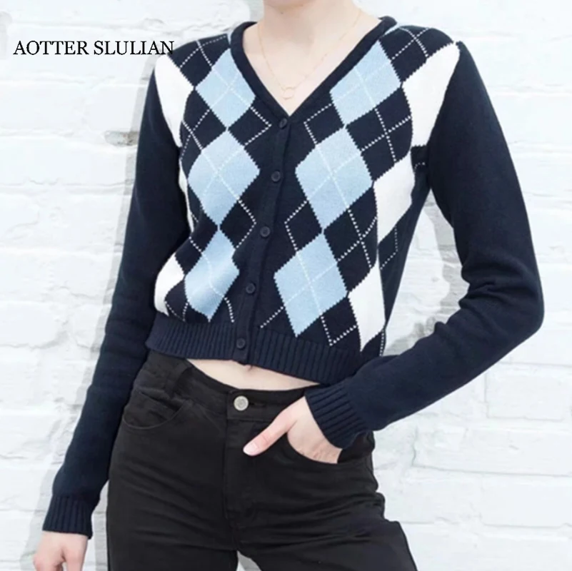 

Women Cardigan Vintage Stylish Geometric Pattern Knitted Sweater Mujer Fashion Long Sleeve England Style Outerwear Coat V Neck