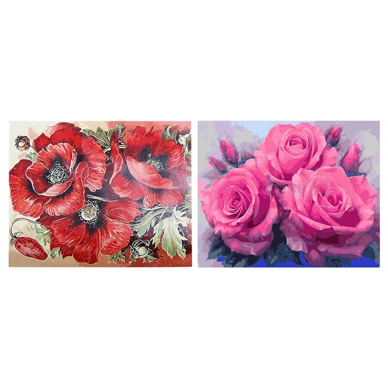 

2Set DIY Digital Oil Painting By Number Kit Canvas Paint Fashionable Wall Decoration, 3 Poppies Flowers & 3 Pink Roses
