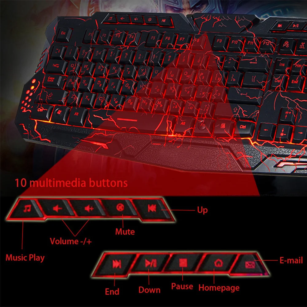 Русский/Английский Gaming Keyboard светодиодный 3-Цвет USB Проводная Цвет Фул дыхание подсветкой Водонепроницаемый компьютер трещины клавиатура 104 клавиш