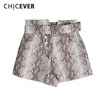 

CHICEVER Print Snake PU Leather Women's Shorts High Waist With Sashes Vintage Short Pants Female Fashion 2020 Clothing Fashion