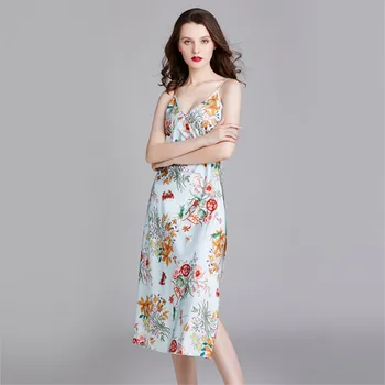 

Spring Printing Ladies Sexy Silk Satin Night Dress Sleeveless Nighties V-neck Nightwear For Women Nightgown Nightdress Sleepwear