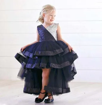 

New Coming High Low Flower Girl Dress Tiered Tulle Sparkled Bling Sequined Top Backless Custom Made Kids Pageant Gowns Vestidos