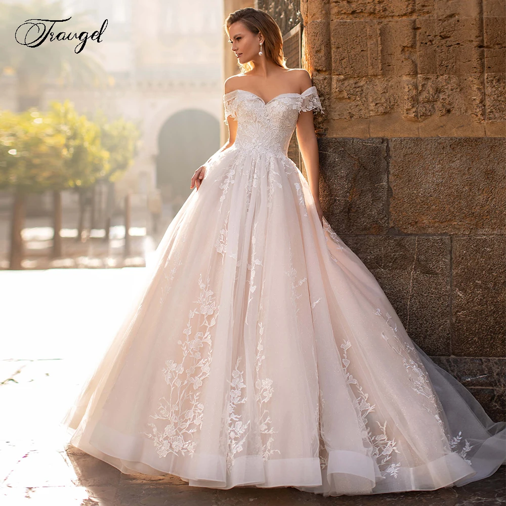 

Traugel Sweetheart A Line Lace Wedding Dresses Chic Applique Off Shoulder Lace Up Bride Dress Sweep Train Wedding Gown