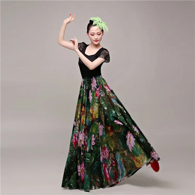Цветочный принт лотоса большие качели для женщин испанский Фламенко юбка Роскошная элегантная праздничная одежда костюмы для бальных танцев живота платье