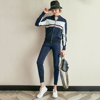 

HAMALIEL 2019 Fashion Women Shinner Striped Knitted Patchwork Hit Color Zip Pullovers + Pants Tracksuits PencilTwo Pieces Set