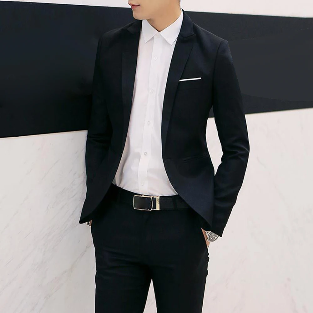 Men Suit 2Pcs Office Business Solid Color Blazer Pants
