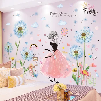 

[shijuekongjian] Pretty Girl Wall Stickers DIY Dandelions Flowers Wall Decals for Kindergarten Nursery School Decoration