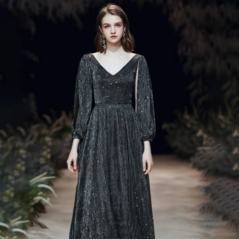 Черные вечерние платья Robe De Soiree с длинными рукавами тюль кружева пайетки вечерние платья трапециевидные Вечерние платья Abendkleider