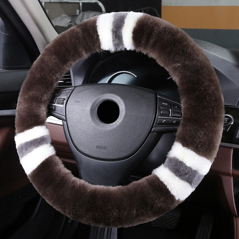 Wool True Leather Car Steering Wheel Cover Fit For 36-42 CM 14.2"-16.5" Braid on Steering-Wheel Auto Carpet Winter Warm Soft