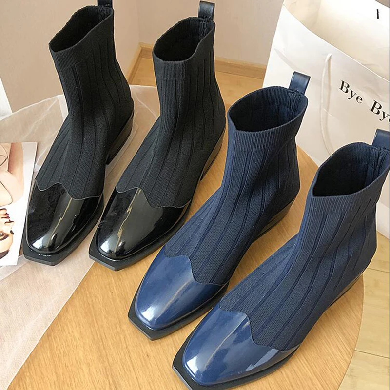 

Ankle Boots Women Shoes Woman Boots Fashion Flat Bottom Square Toe Stretch Socks Boots 2019 Autumn New Breathable Socks Boots