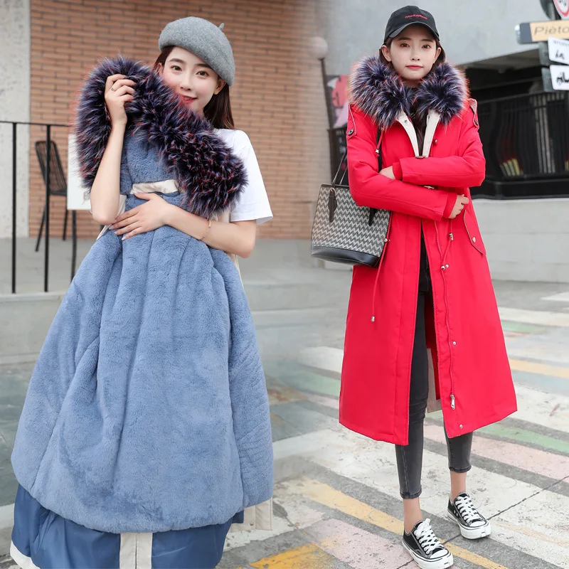 Winter New Style Thick plus Velvet Removable Shoulder over-the-Knee Long Hooded Large Fur Collar Women Coat Warm Cotton Coat