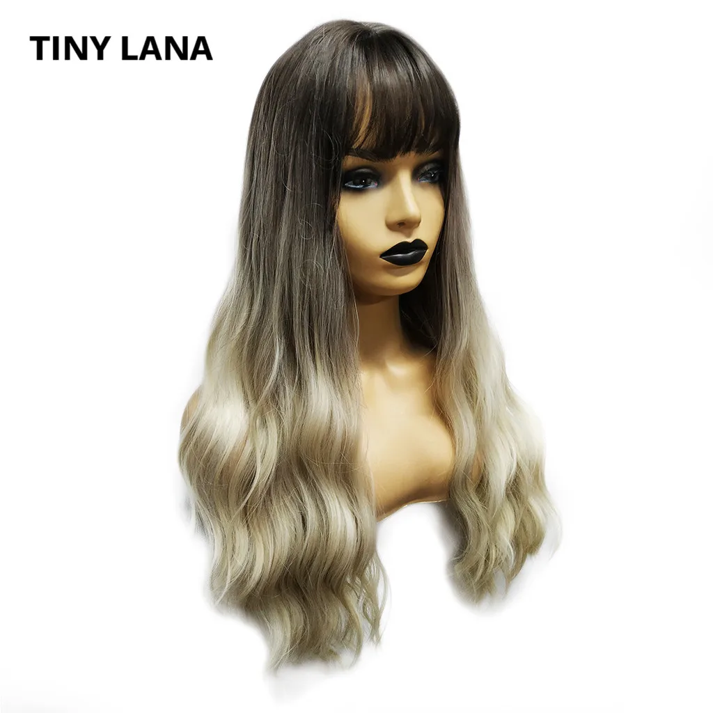 Price TINY LANA Long wig Brown Gold Women s Wigs with Bangs Heat Resistant Synthetic Kinky Curly Wigs for Women African American
