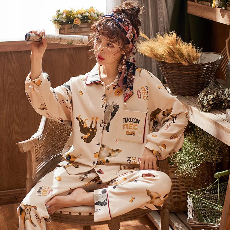 

Pajamas Women's Autumn & Winter Cute Cartoon Puppy Printed Pure Cotton Long-sleeved Cardigan Fold-down Collar-Outer Wear Homewea