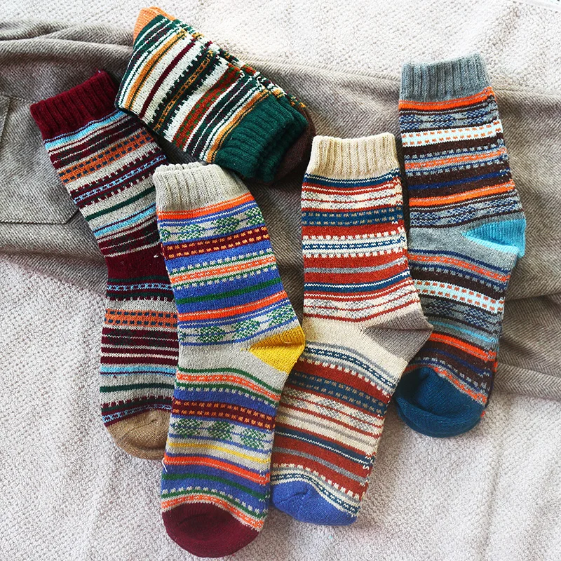 Winter New Men's Thick Warmth Harajuku Retro High Quality sStriped Fashion Wool Casual Socks 5 Pair women winter warm solid color wool super thick high quality cashmere snow casual socks 2 pair