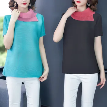 

Large size Miyake summer new Lapel pleated slim T-Shirt Top Female free shipping