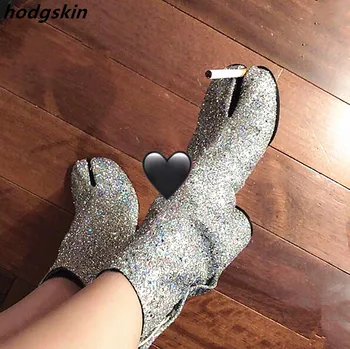 

2019 Fashion Silver Shiny Leather Tabi Split-toe Boots Women Chunky Block Heels Booties Botas Feminina Shoes Woman