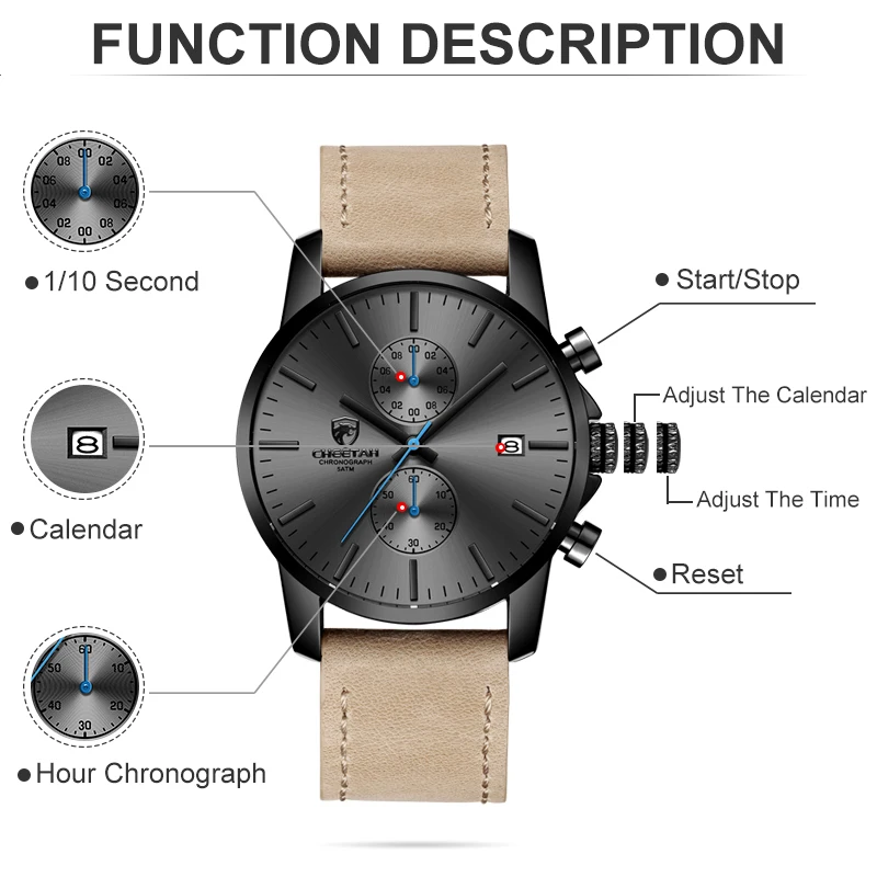 Mens Leather Waterproof Chronograph Watch - Image 3